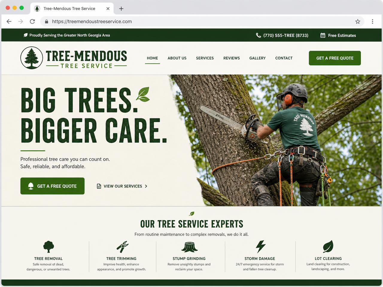 Tree-Mendous Tree Service website homepage with an arborist climbing a tree and a free quote button