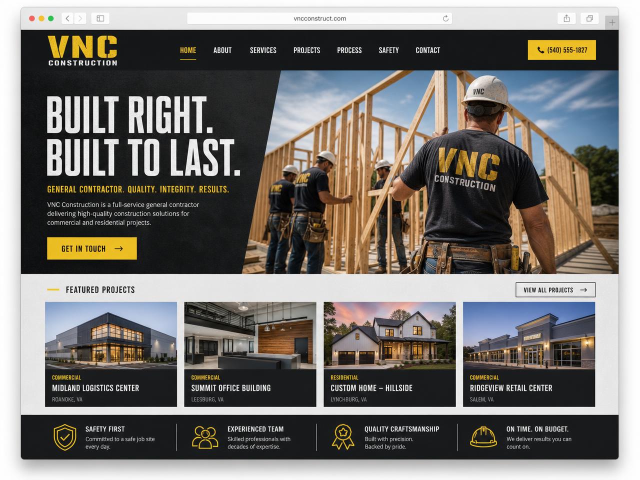 VNC Construction website homepage with a framing crew photo and a featured projects grid